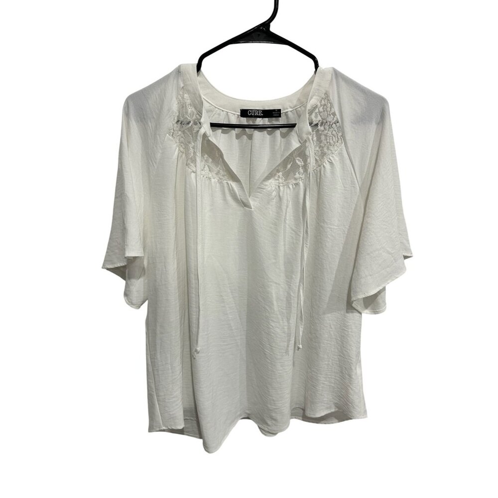 Cure White Lace Blouse Lightweight Soft Stretch Top Size M Minimalist Romantic